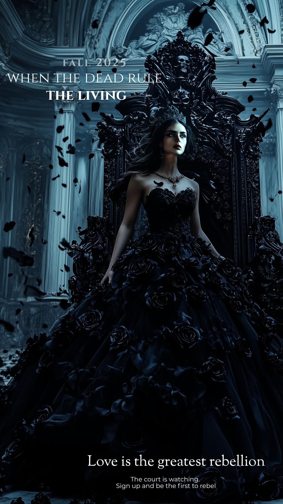 A dark-haired queen in a black rose gown stands beside an ornate throne in a ruined palace as black petals fall around her