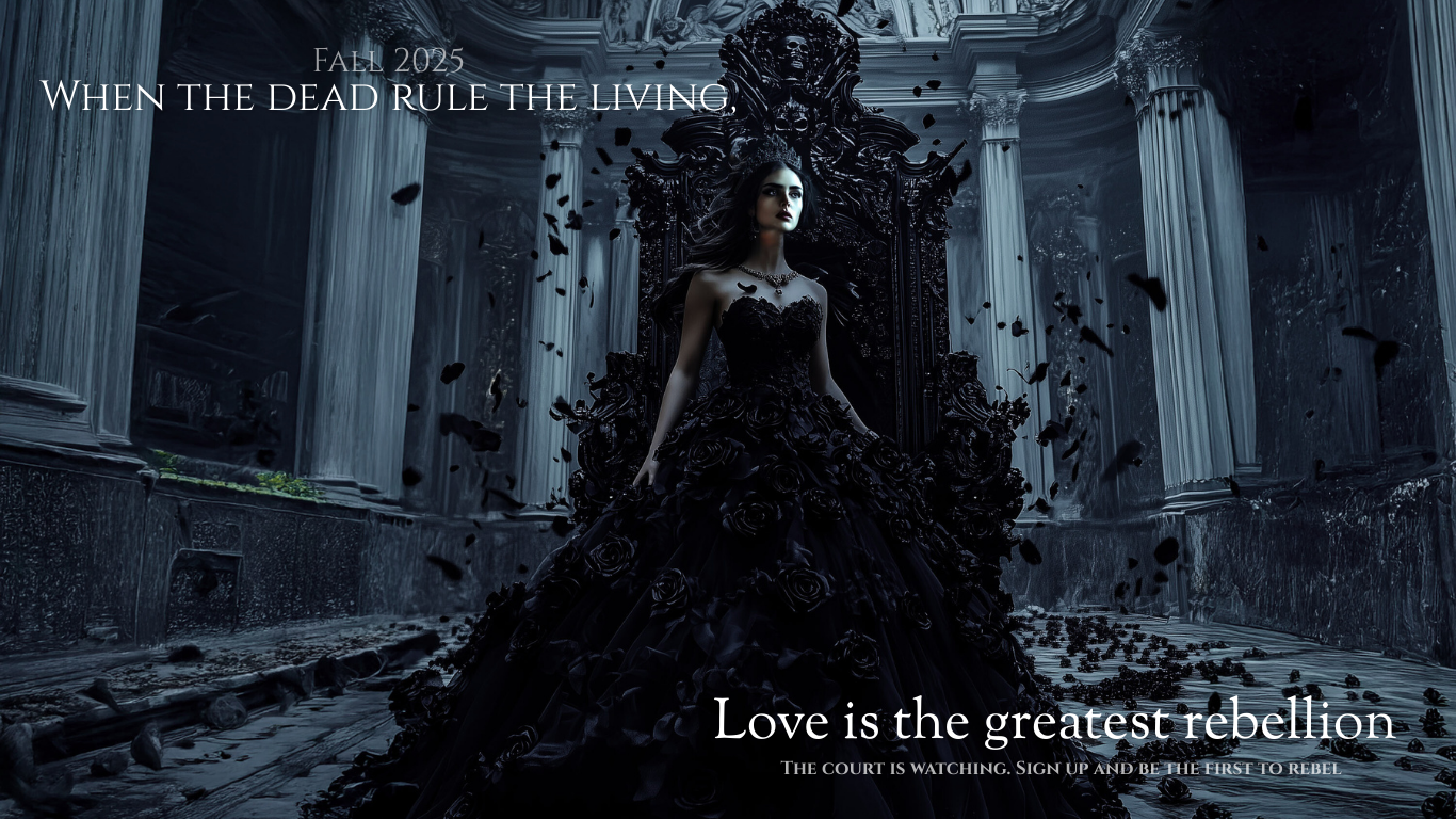 A dark-haired queen in a black rose gown stands beside an ornate throne in a ruined palace as black petals fall around her